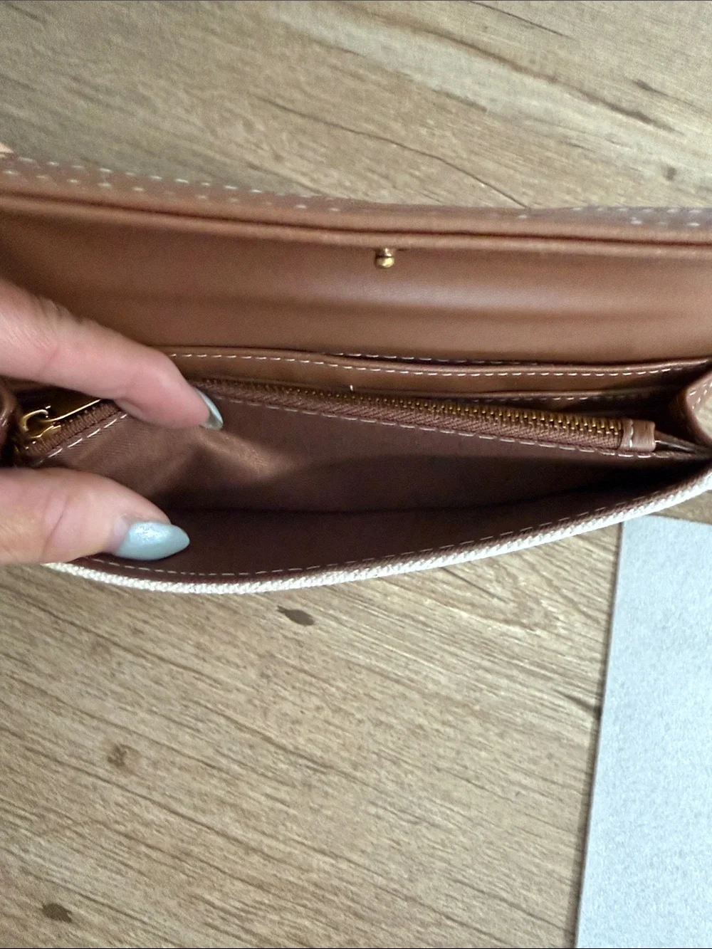 Steve Madden Cream Canvas Wallet with Brown Trim and Gold Logo